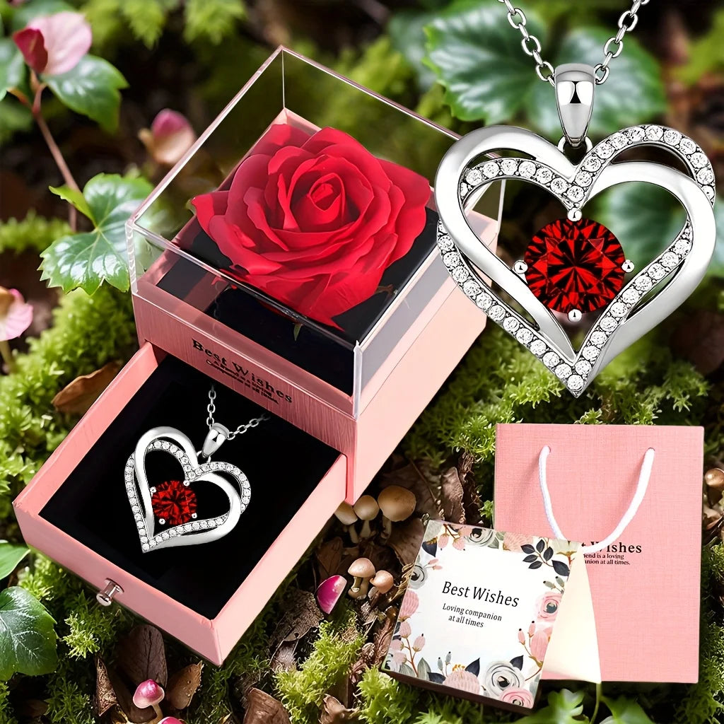Collier Pendentif Cœur Rouge avec Rose en Coffret Cadeau - Bijou Romantique Saint-Valentin