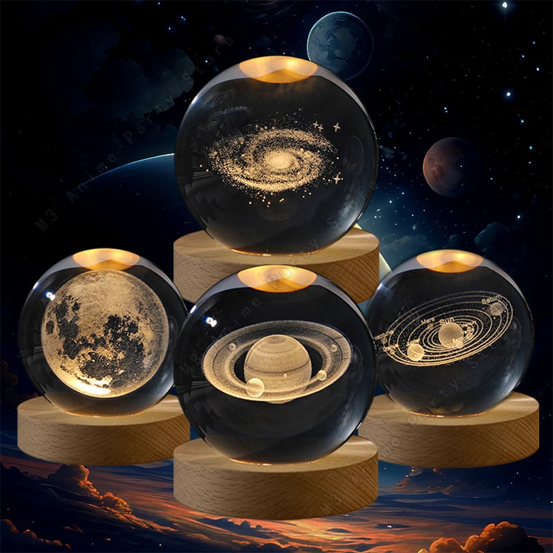 Boule Cristal 3D Lampe LED Galaxie Planètes Lune 5cm - Veilleuse Enfant