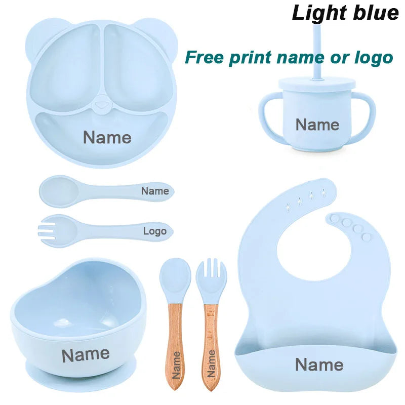Set Vaisselle Silicone Bébé Personnalisé 8 Pièces - Assiette Bol Tasse Bavoir Prénom