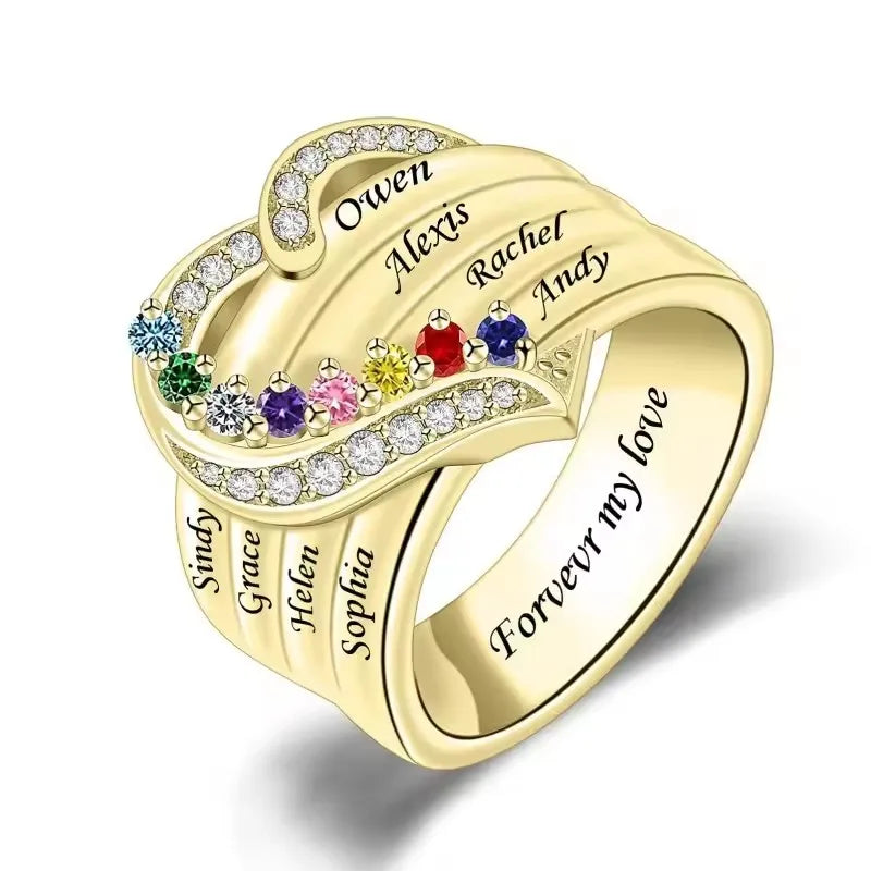 Bague Cœur Personnalisée Pierres de Naissance - Gravure Prénom Zircone Cubique | 1-8 Pierres