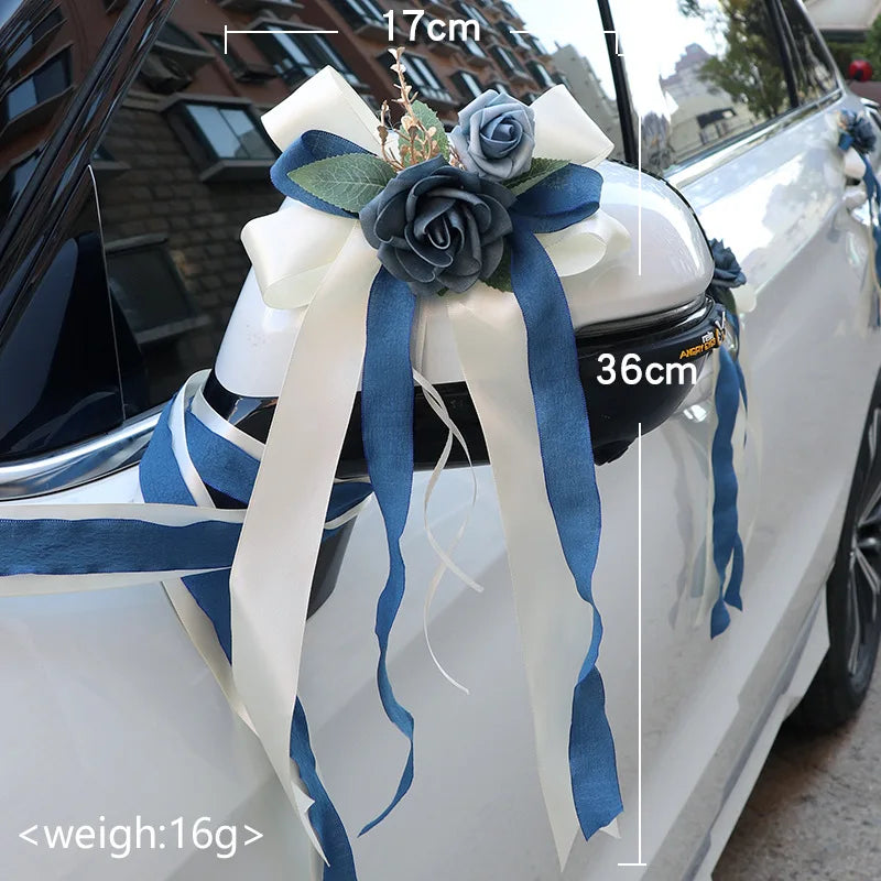 Décorations Florales Voiture Mariage 6 Pièces Poignées Rétroviseurs - Blanc/Rose