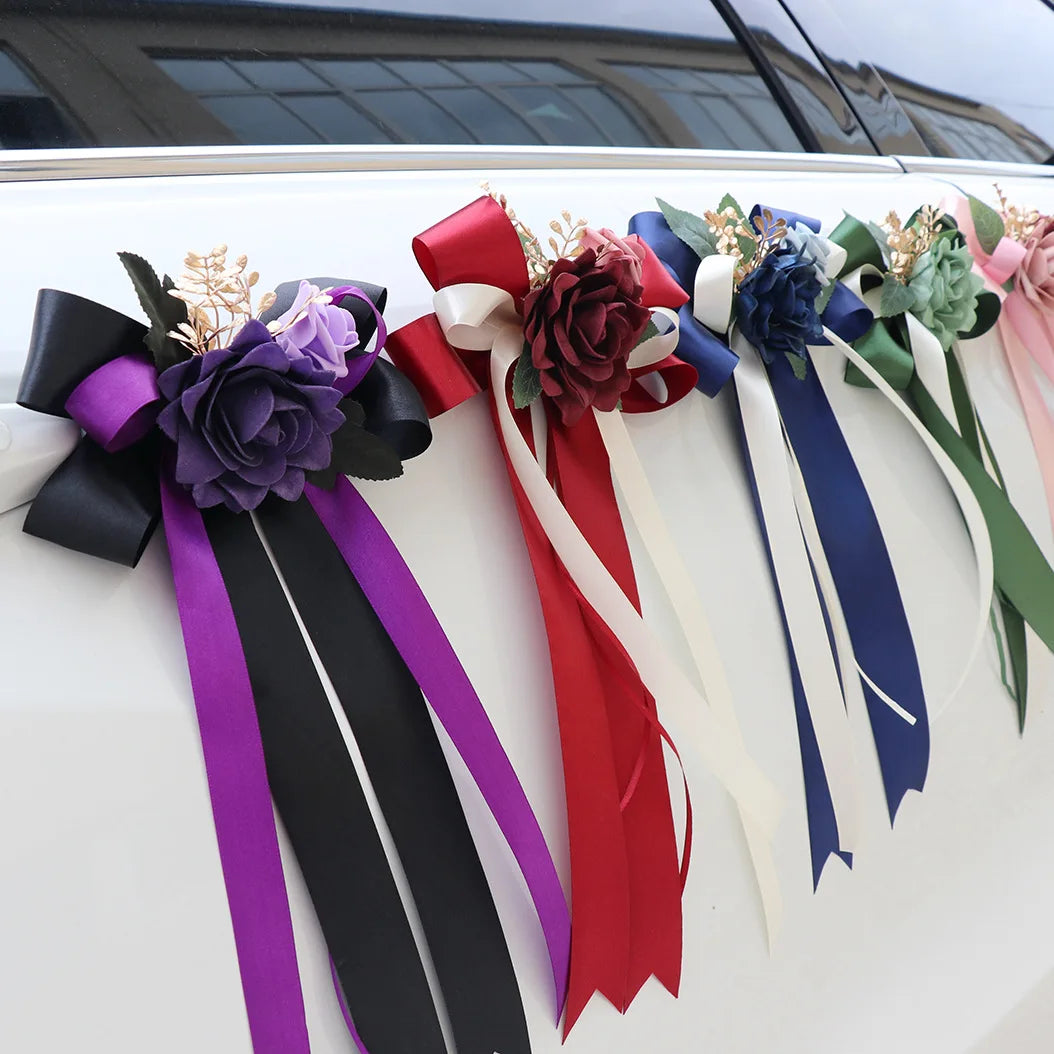 Décorations Florales Voiture Mariage 6 Pièces Poignées Rétroviseurs - Blanc/Rose