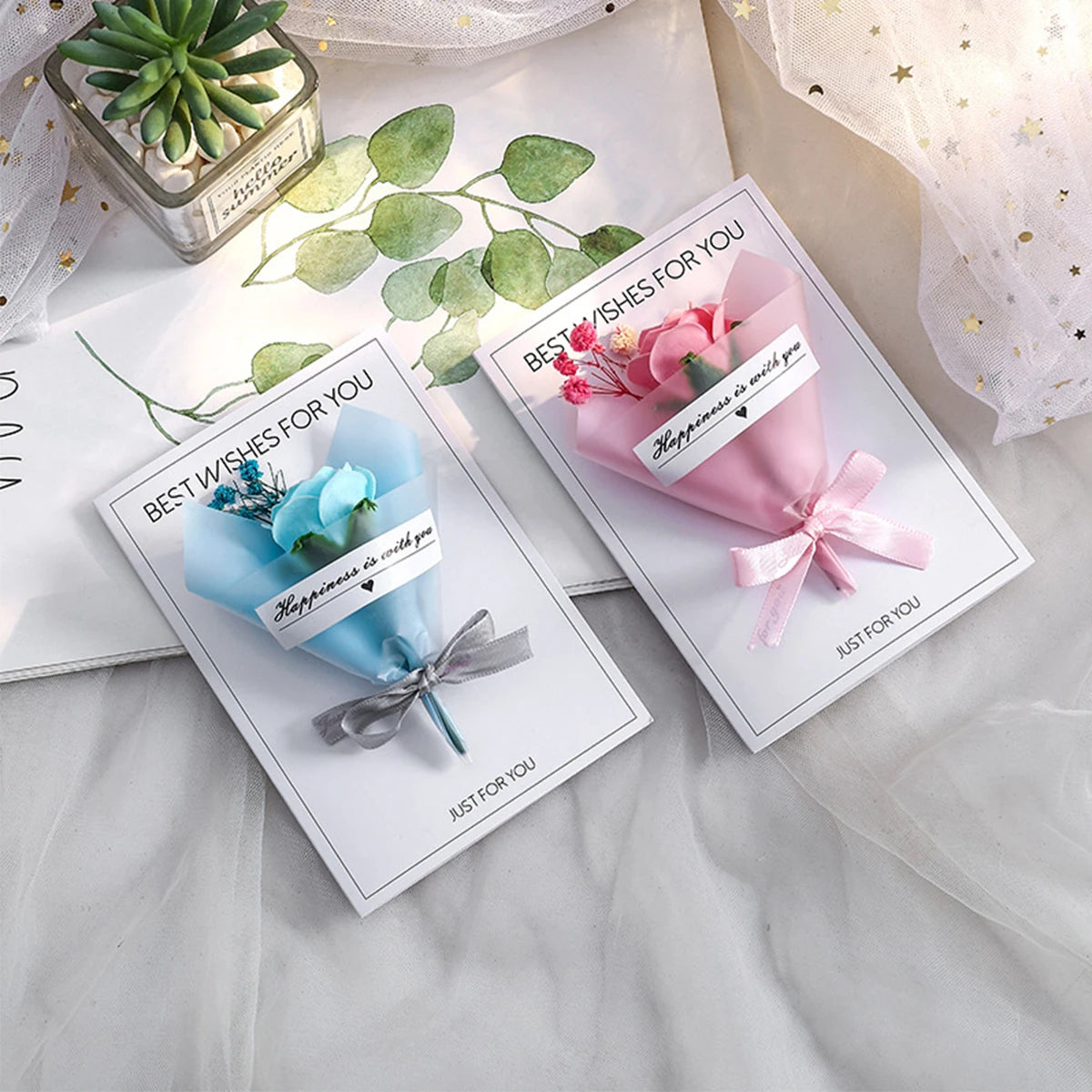 Carte de Vœux Artisanale avec Fleur Éternelle - Saint-Valentin Fête des Mères Anniversaire