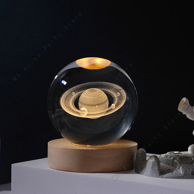 Boule Cristal 3D Lampe LED Galaxie Planètes Lune 5cm - Veilleuse Enfant