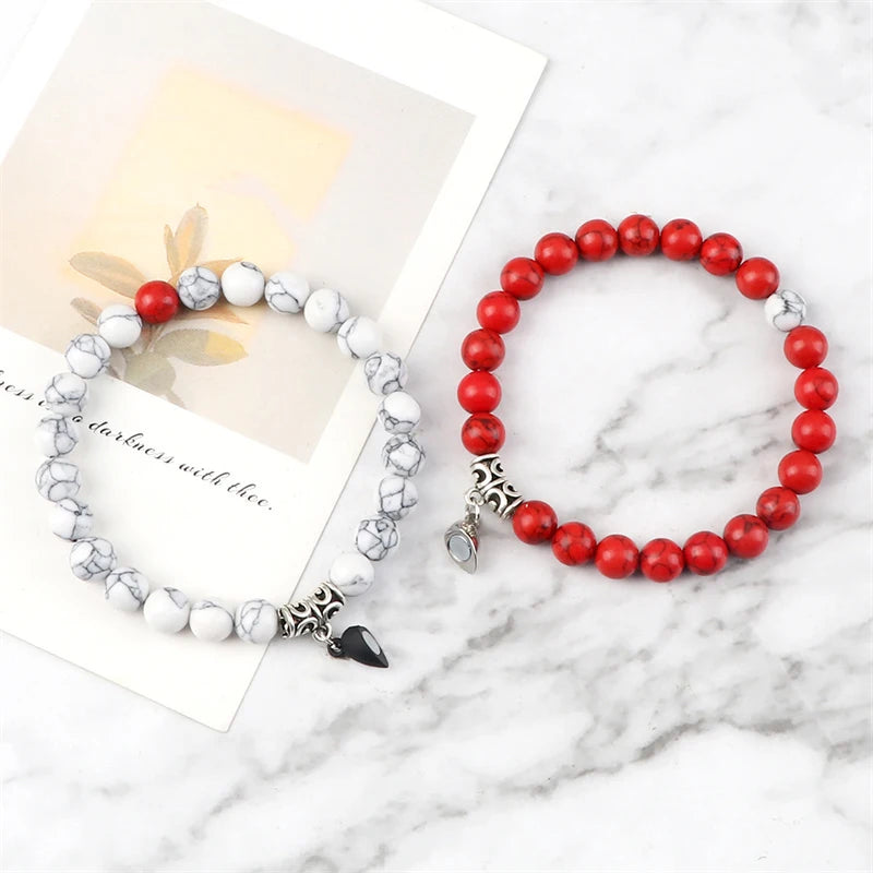 Bracelet Couple Yin Yang Magnétique 2pcs - Pierres Naturelles 8mm Cœur Aimant Bijou Amitié Saint-Valentin