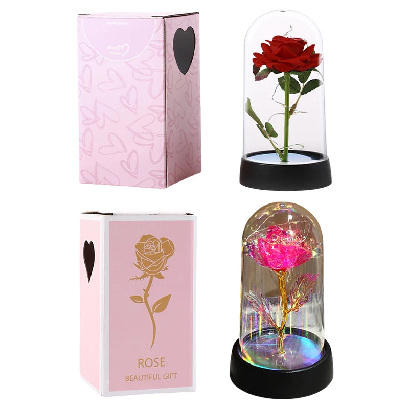 Rose Éternelle sous Cloche LED - Fleur Artificielle Lumineuse - Cadeau Saint-Valentin