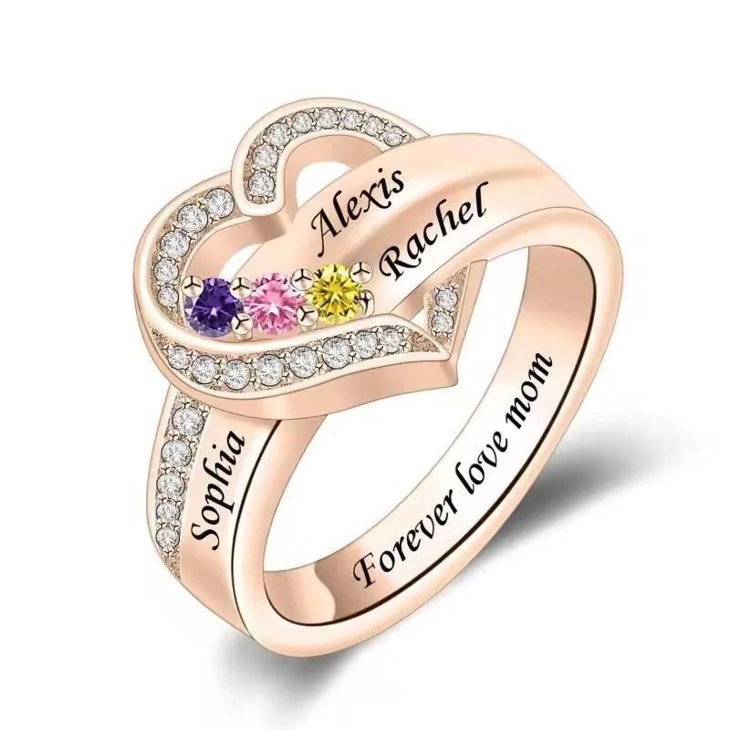 Bague Cœur Personnalisée Pierres de Naissance - Gravure Prénom Zircone Cubique | 1-8 Pierres