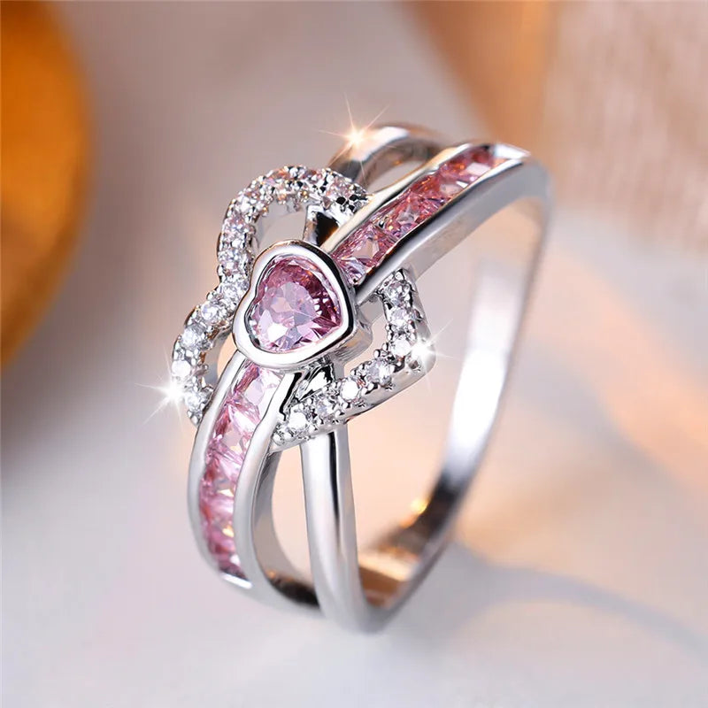 Bague Cœur Zircon Rose - Alliance Romantique Argentée