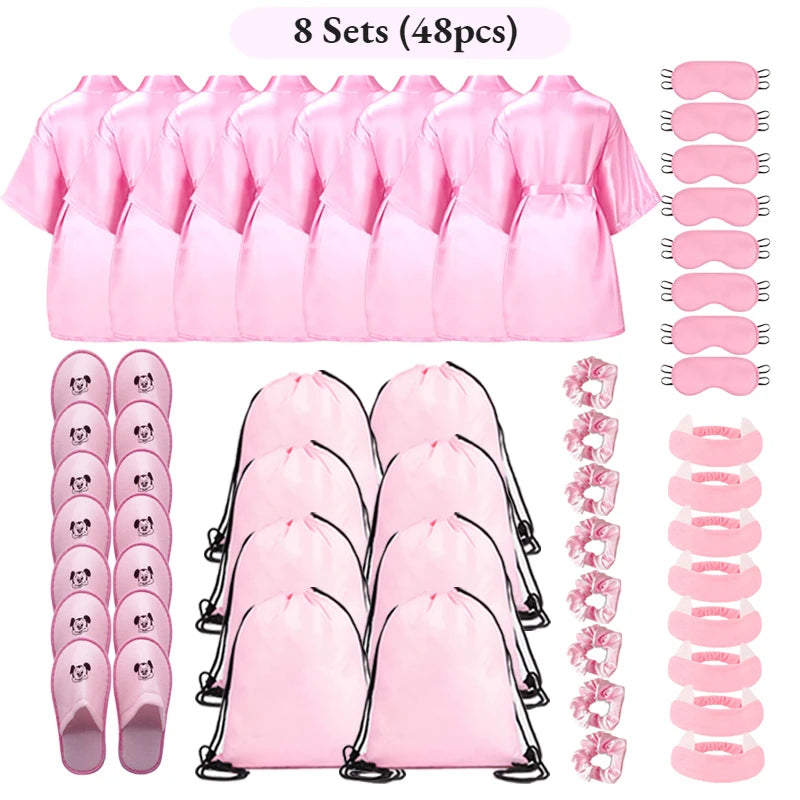 Set Spa Party Filles 6 Pièces - Peignoirs Satin Chaussons Sac Cadeau
