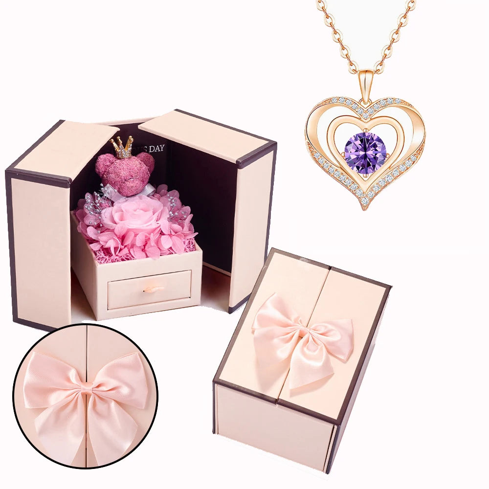 Collier Cœur avec Ourson et Rose - Coffret Cadeau Saint-Valentin