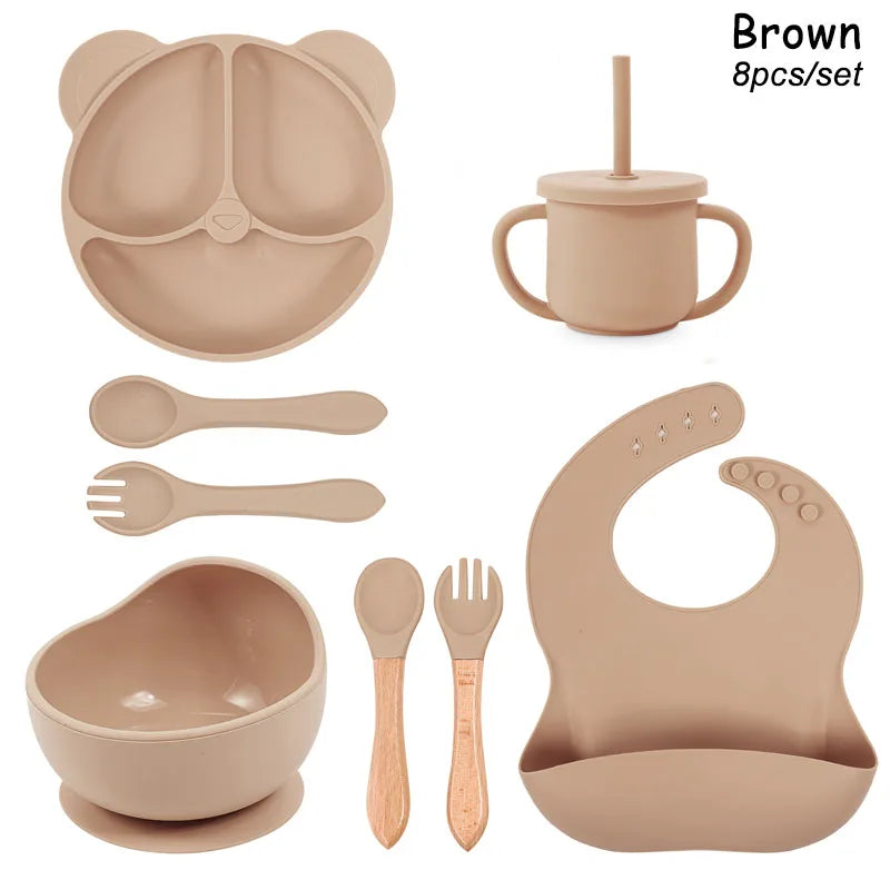 Set Vaisselle Silicone Bébé Personnalisé 8 Pièces - Assiette Bol Tasse Bavoir Prénom