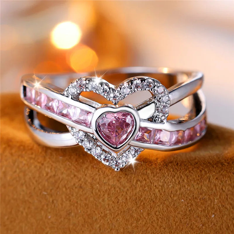 Bague Cœur Zircon Rose - Alliance Romantique Argentée