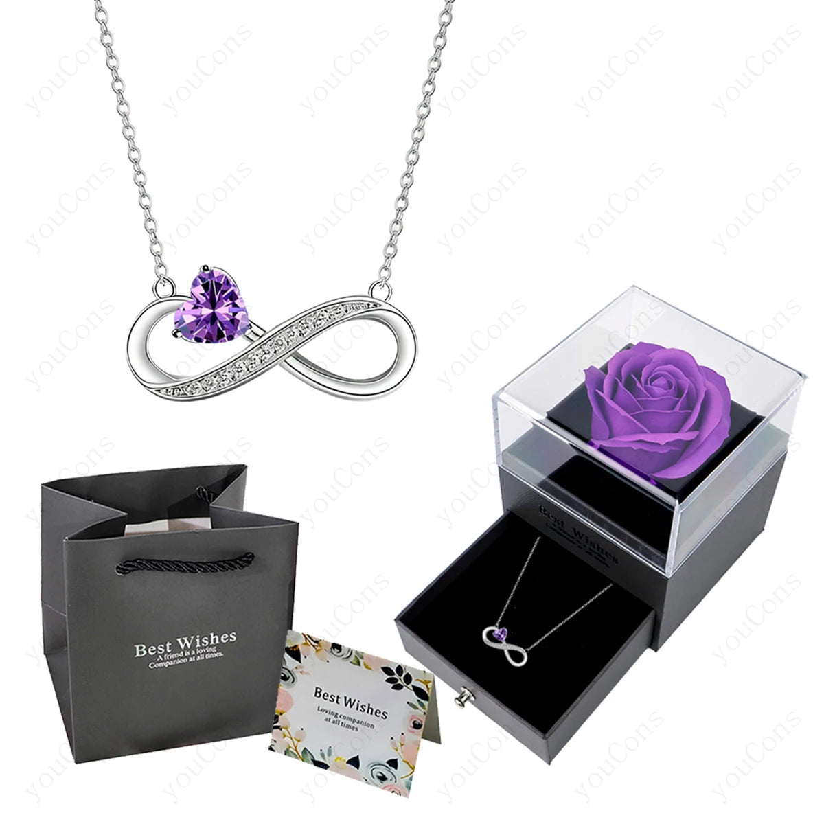 Collier Cœur Rose Luxe avec Boîte de Roses - Pendentif Zircon Saint-Valentin Mariage Cadeau Femme