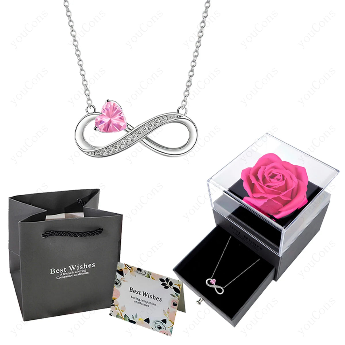 Collier Cœur Rose Luxe avec Boîte de Roses - Pendentif Zircon Saint-Valentin Mariage Cadeau Femme