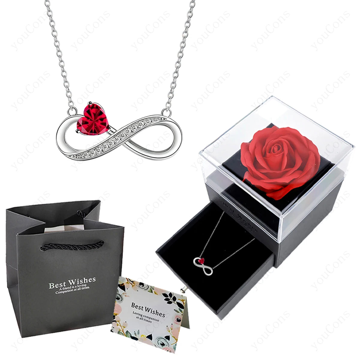Collier Cœur Rose Luxe avec Boîte de Roses - Pendentif Zircon Saint-Valentin Mariage Cadeau Femme
