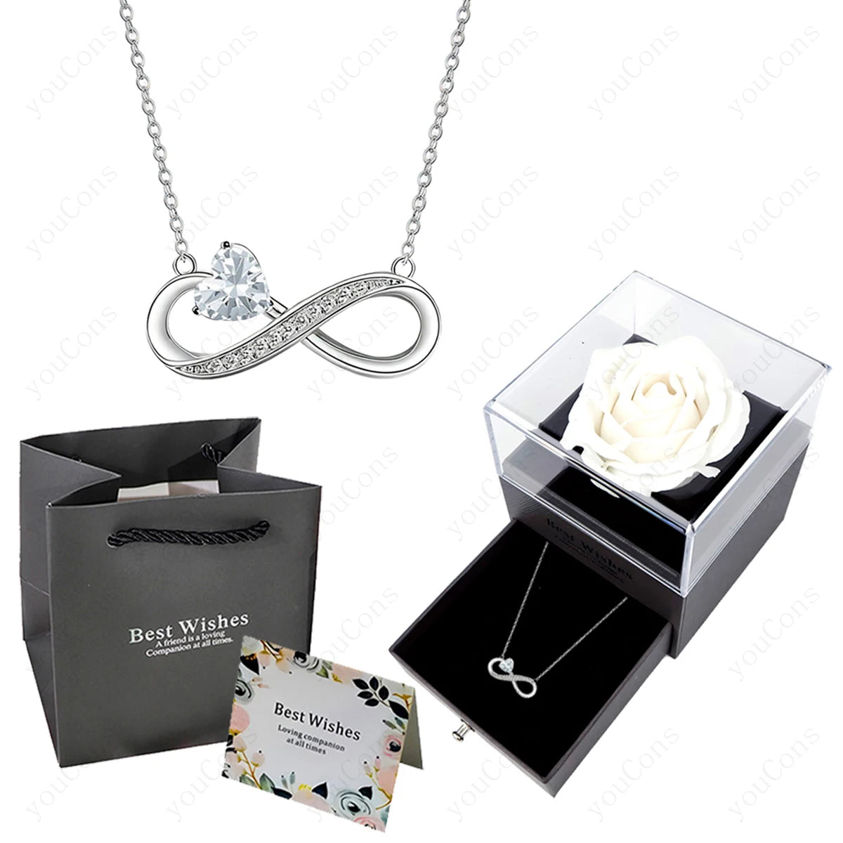Collier Cœur Rose Luxe avec Boîte de Roses - Pendentif Zircon Saint-Valentin Mariage Cadeau Femme