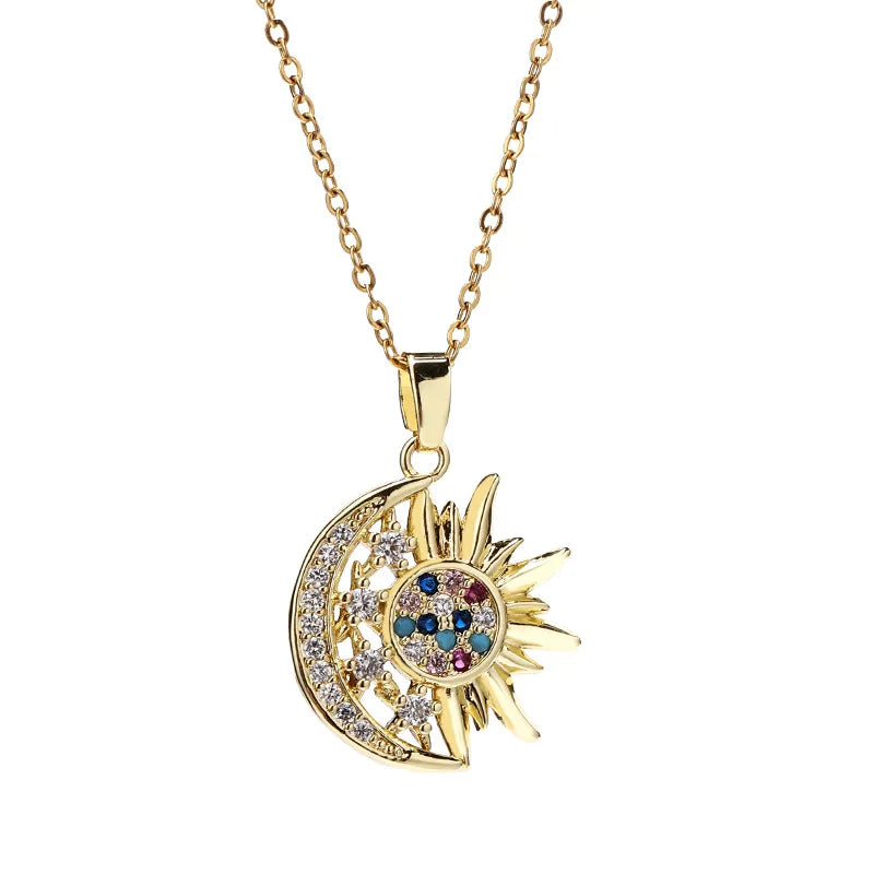 Collier Pendentif Soleil & Lune Acier Inoxydable - Zircone Cubique Luxe Bijou Femme Mariage Saint-Valentin