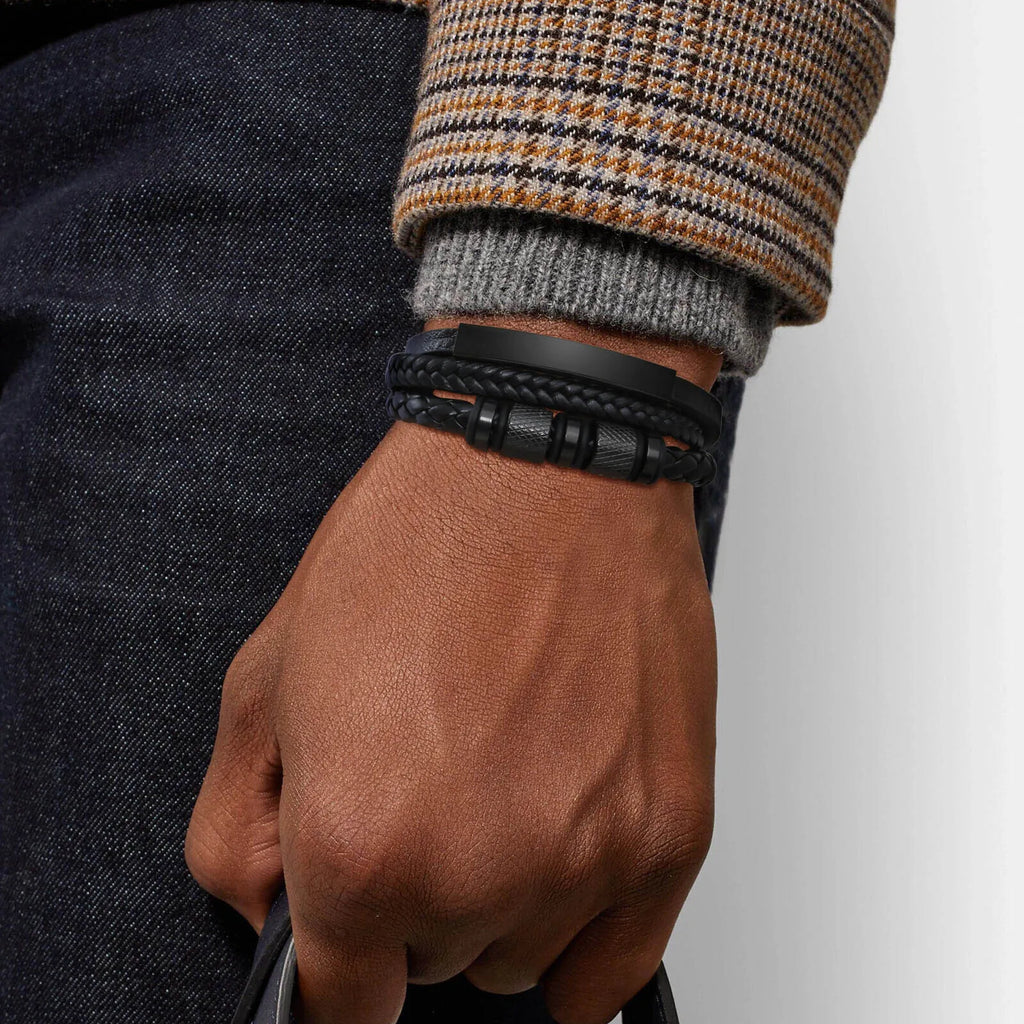 Bracelet Cuir Tressé Personnalisé Homme - Gravure Prénom Texte Triple Tressage Cuir PU Cadeau