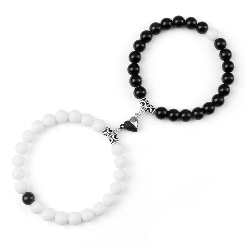 Bracelet Couple Yin Yang Magnétique 2pcs - Pierres Naturelles 8mm Cœur Aimant Bijou Amitié Saint-Valentin