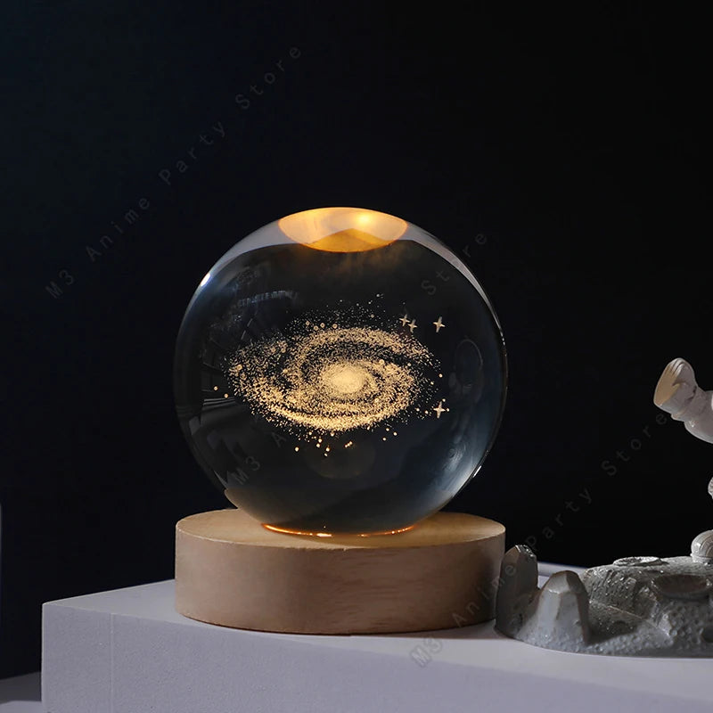 Boule Cristal 3D Lampe LED Galaxie Planètes Lune 5cm - Veilleuse Enfant