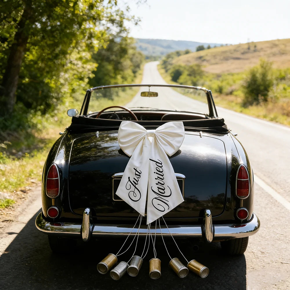 Nœud Voiture Just Married Mariage 60x100cm - Décoration Auto Fiançailles