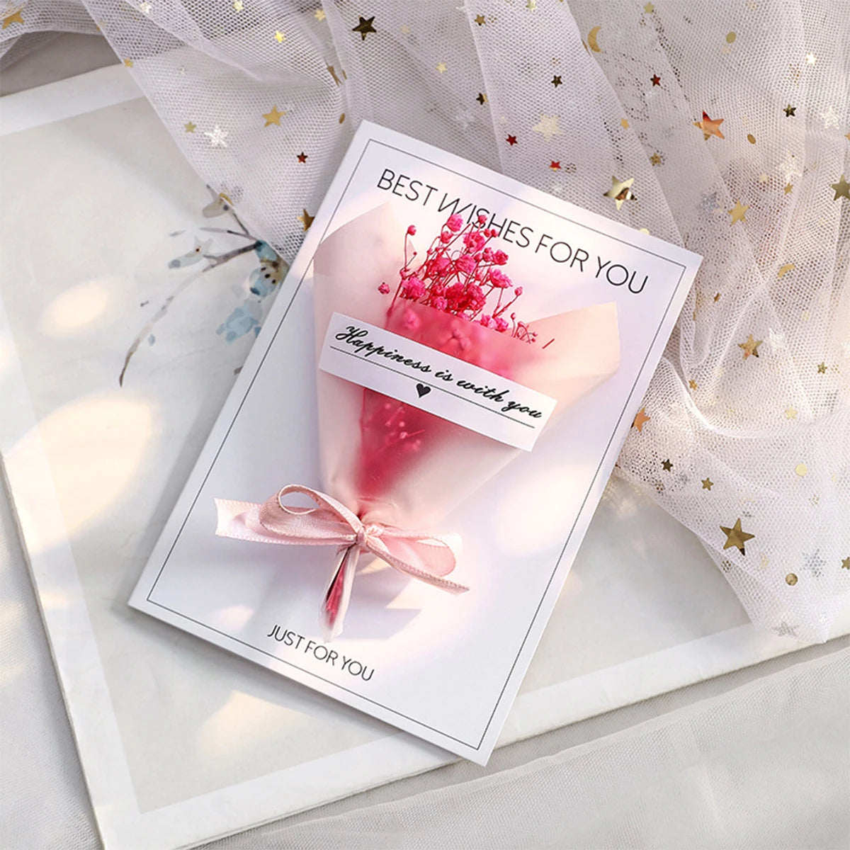 Carte de Vœux Artisanale avec Fleur Éternelle - Saint-Valentin Fête des Mères Anniversaire