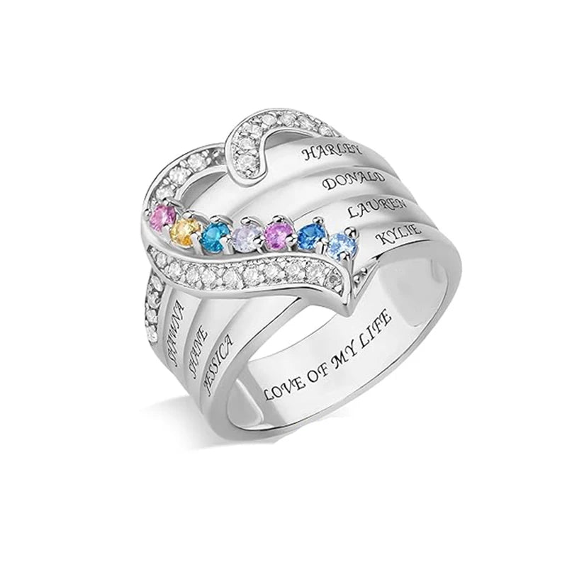 Bague Cœur Personnalisée Pierres de Naissance - Gravure Prénom Zircone Cubique | 1-8 Pierres