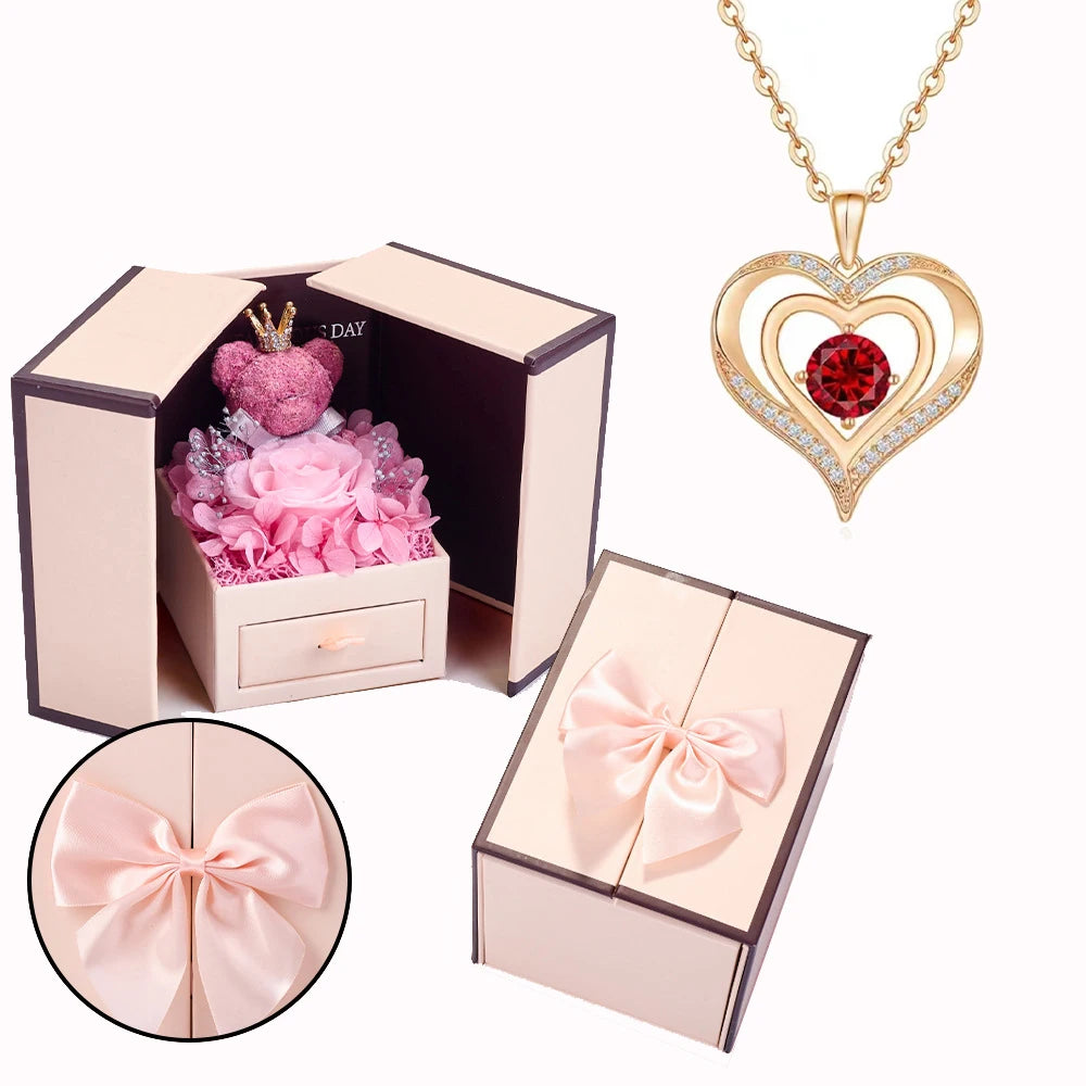 Collier Cœur avec Ourson et Rose - Coffret Cadeau Saint-Valentin
