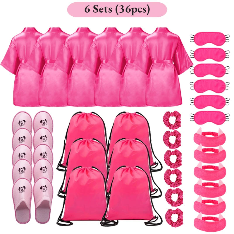 Set Spa Party Filles 6 Pièces - Peignoirs Satin Chaussons Sac Cadeau