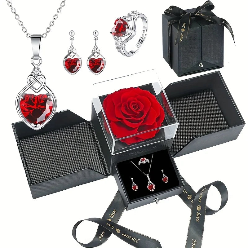 Coffret Cadeau Bijoux Cœur 4 Pièces avec Rose - Parure Complète Saint-Valentin
