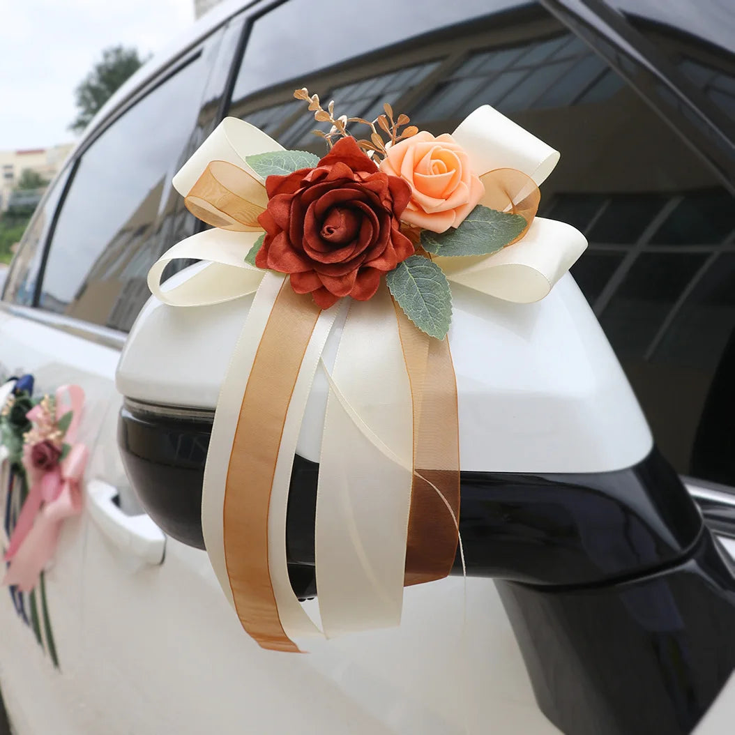Décorations Florales Voiture Mariage 6 Pièces Poignées Rétroviseurs - Blanc/Rose