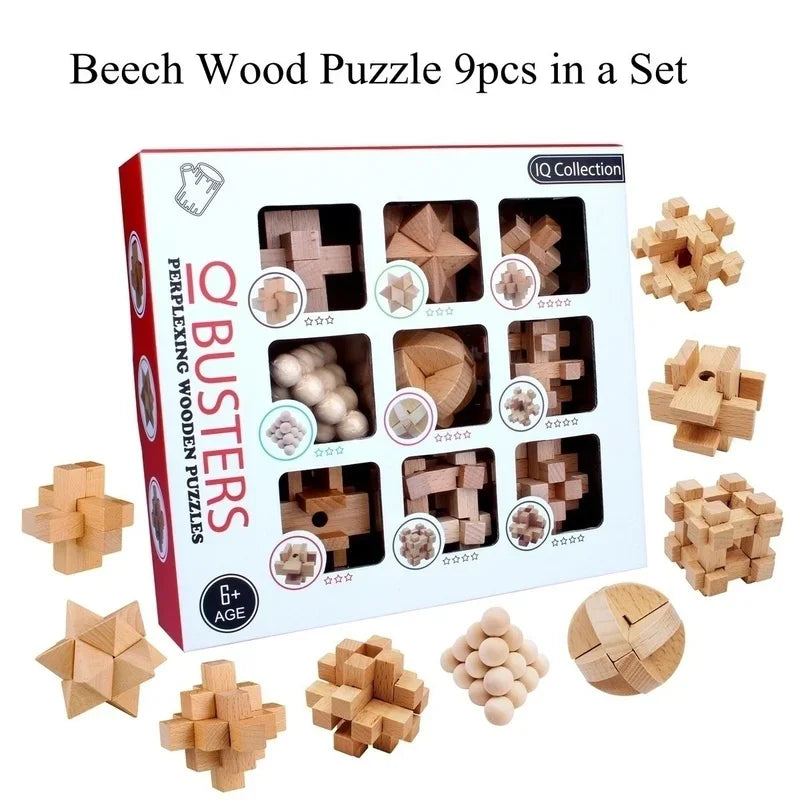 Set de 9 Puzzles Éducatifs en Bois - Casse-Têtes Luban Lock pour Enfants et Étudiants