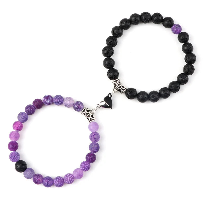 Bracelet Couple Yin Yang Magnétique 2pcs - Pierres Naturelles 8mm Cœur Aimant Bijou Amitié Saint-Valentin