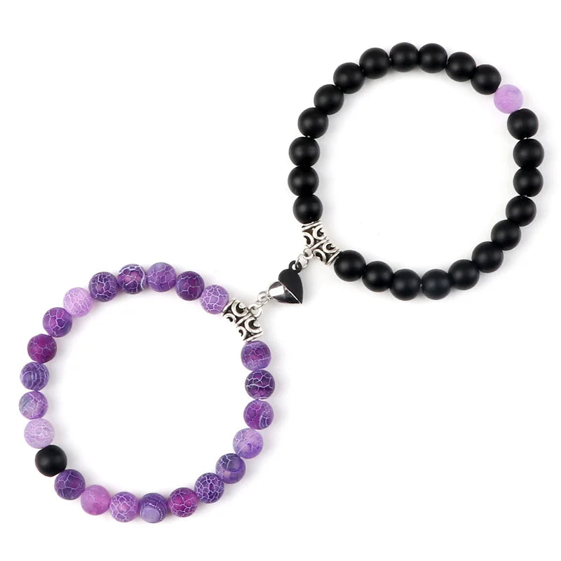 Bracelet Couple Yin Yang Magnétique 2pcs - Pierres Naturelles 8mm Cœur Aimant Bijou Amitié Saint-Valentin