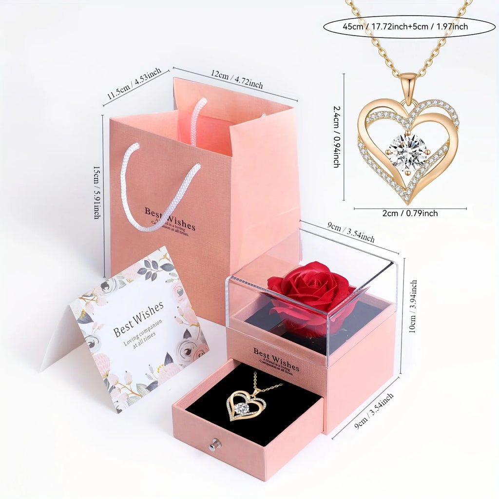Collier Pendentif Cœur Rouge avec Rose en Coffret Cadeau - Bijou Romantique Saint-Valentin