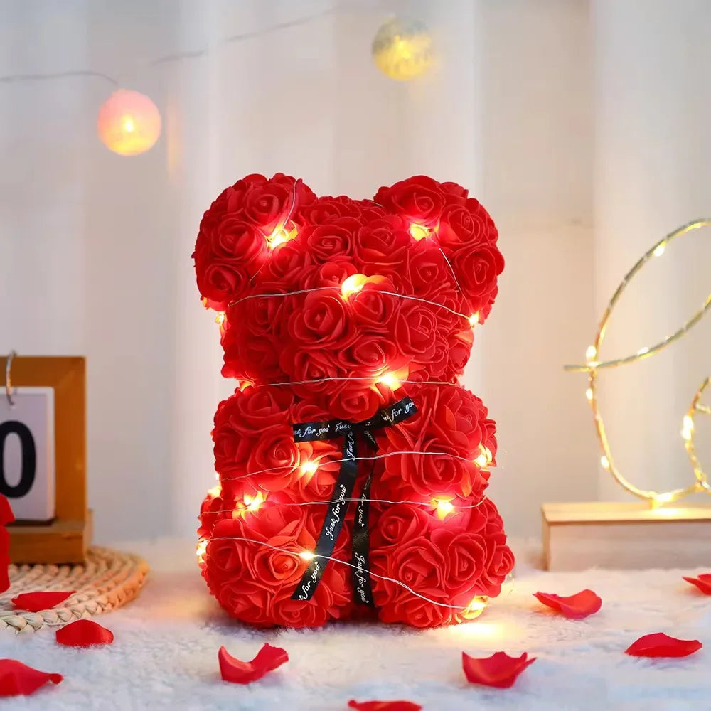 Ours en Peluche Roses Éternelles 25cm avec Boîte Cadeau - Saint-Valentin