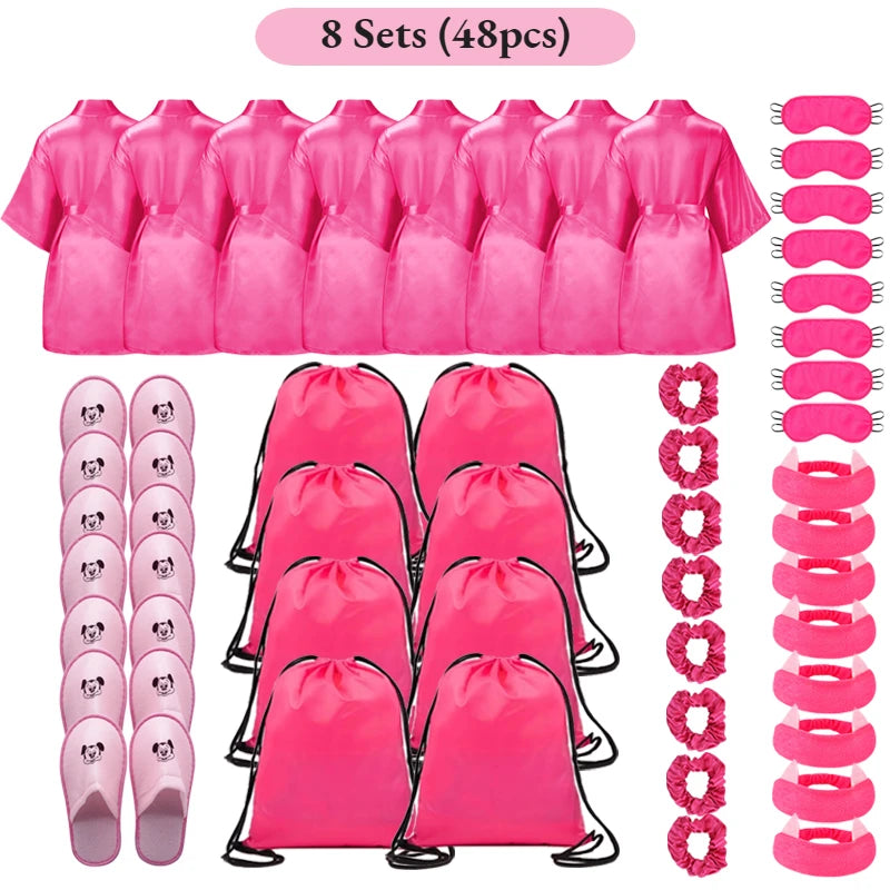 Set Spa Party Filles 6 Pièces - Peignoirs Satin Chaussons Sac Cadeau