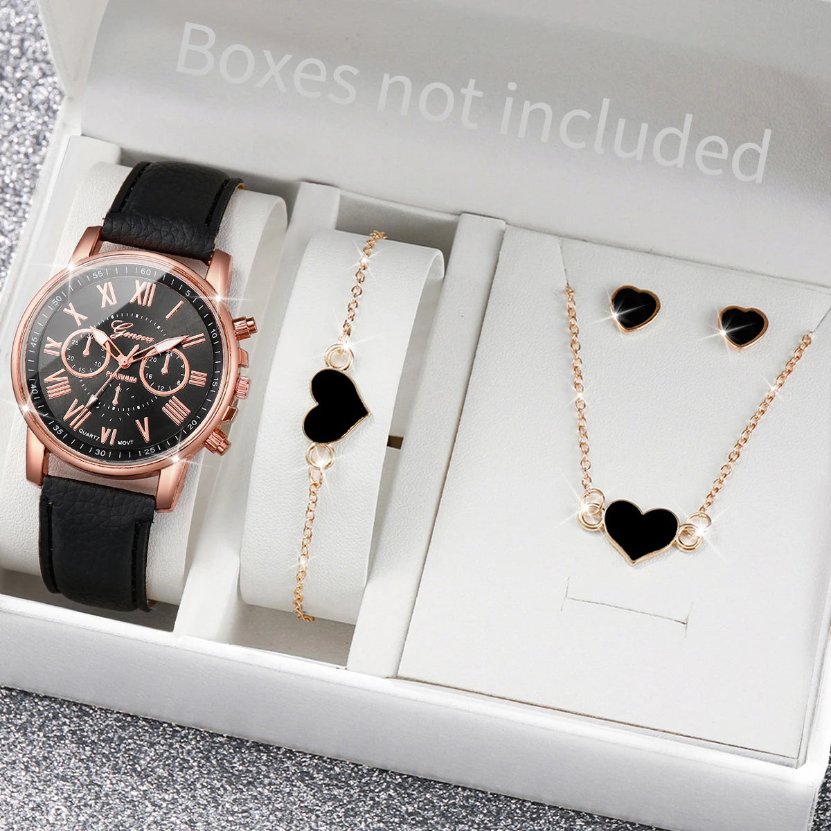 Coffret Montre Femme Quartz & Bijoux Cœur - Set 5/6 Pièces
