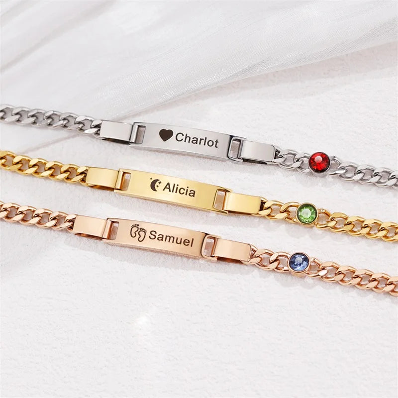Bracelet Bébé Personnalisé Pierre de Naissance Plaqué Or 18K - Gravure Prénom Cadeau Naissance