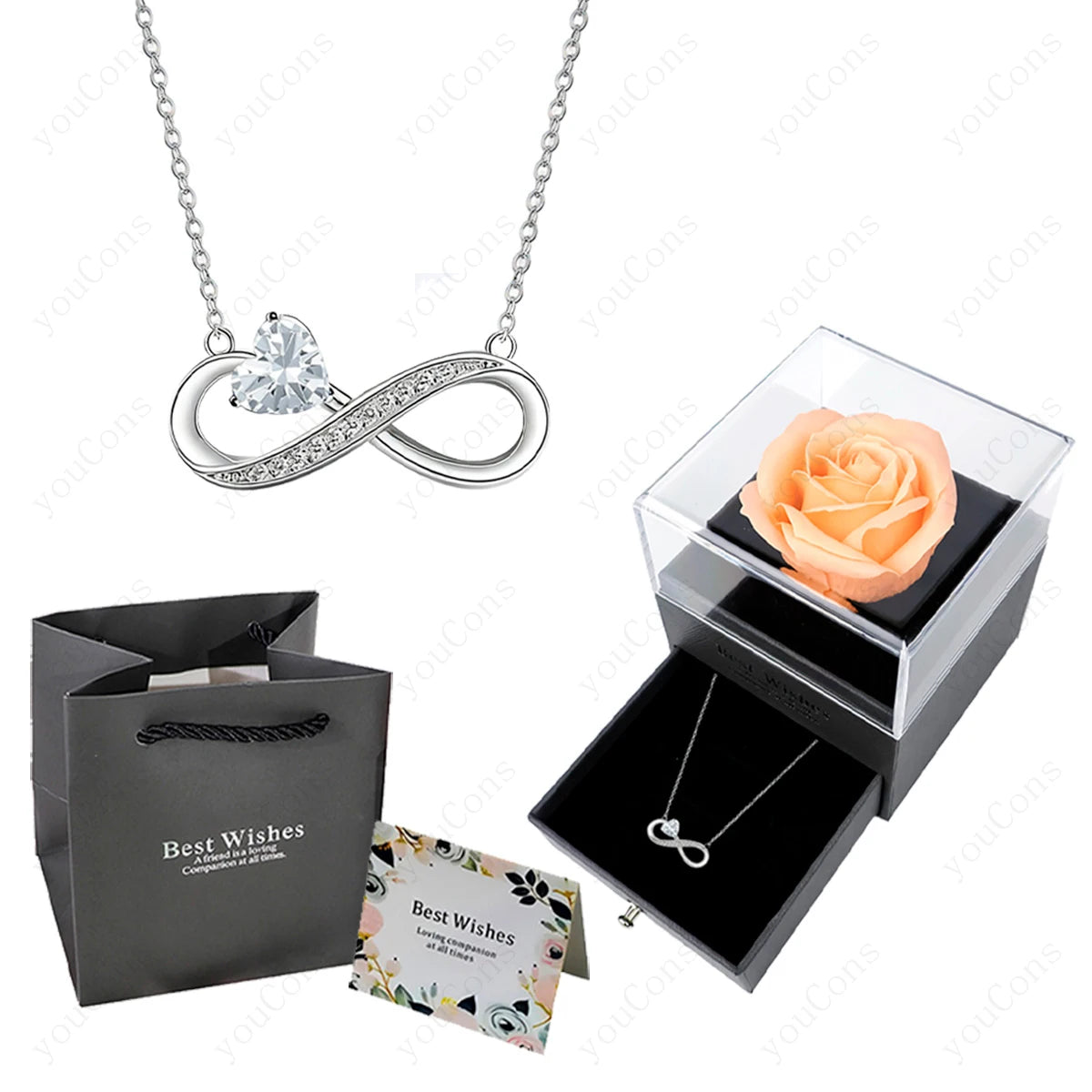 Collier Cœur Rose Luxe avec Boîte de Roses - Pendentif Zircon Saint-Valentin Mariage Cadeau Femme