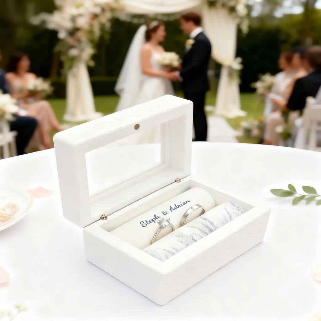 Coffret Alliances Personnalisé Blanc Gravure Prénoms - Cérémonie Mariage