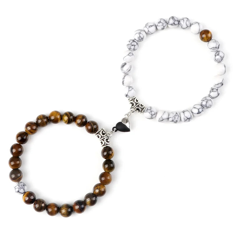 Bracelet Couple Yin Yang Magnétique 2pcs - Pierres Naturelles 8mm Cœur Aimant Bijou Amitié Saint-Valentin