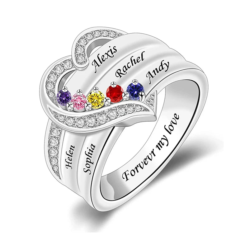 Bague Cœur Personnalisée Pierres de Naissance - Gravure Prénom Zircone Cubique | 1-8 Pierres