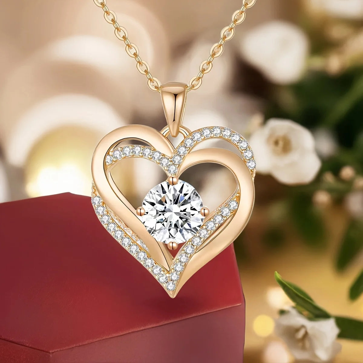 Collier Pendentif Cœur Rouge avec Rose en Coffret Cadeau - Bijou Romantique Saint-Valentin