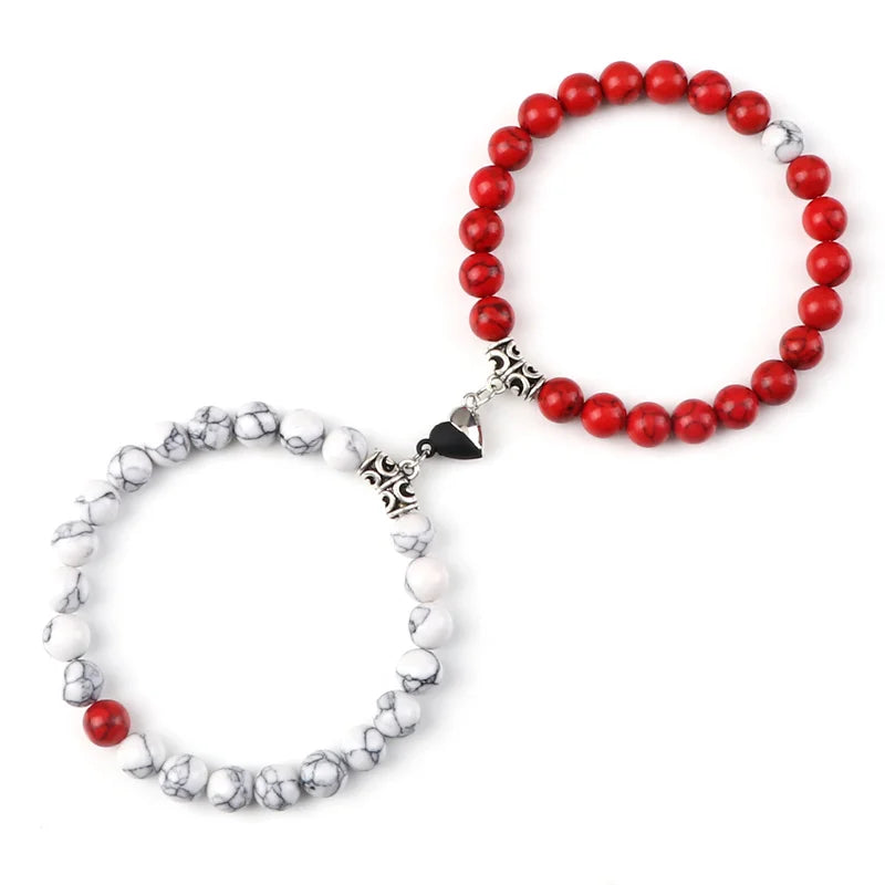 Bracelet Couple Yin Yang Magnétique 2pcs - Pierres Naturelles 8mm Cœur Aimant Bijou Amitié Saint-Valentin