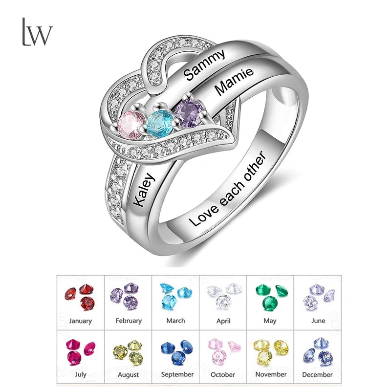 Bague Cœur Personnalisée Pierres de Naissance - Gravure Prénom Zircone Cubique | 1-8 Pierres