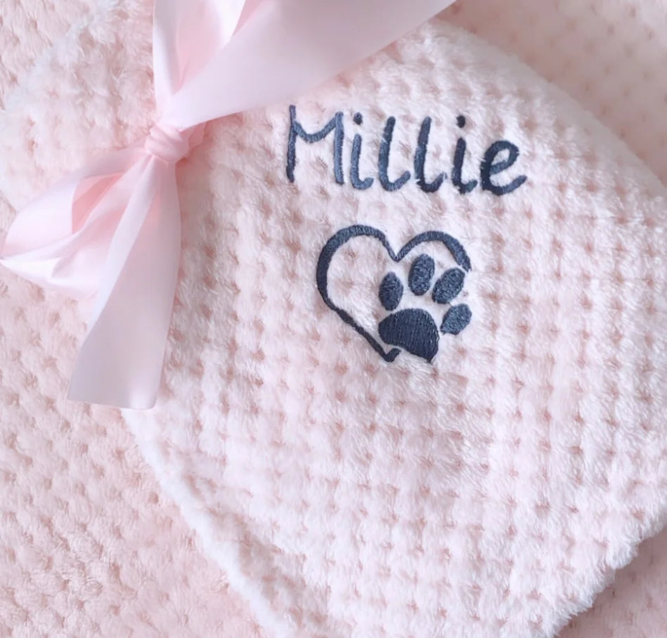 Couverture Brodée Personnalisée Chien Chat - Plaid Empreintes de Pattes Ultra-Doux