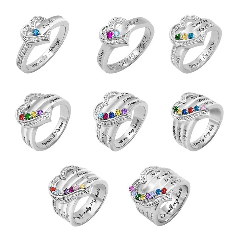 Bague Cœur Personnalisée Pierres de Naissance - Gravure Prénom Zircone Cubique | 1-8 Pierres