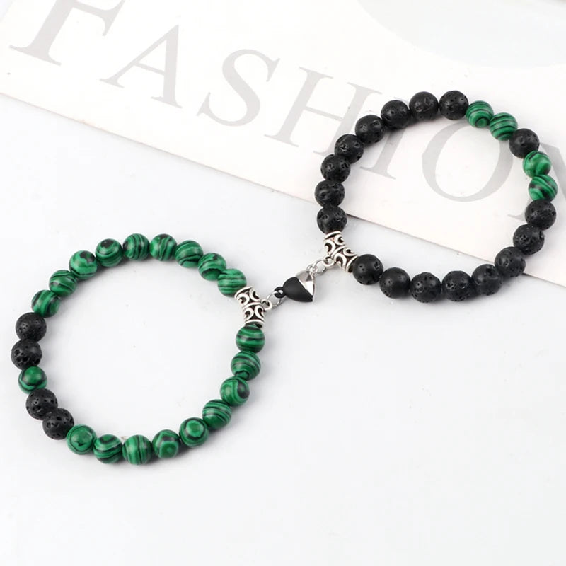 Bracelet Couple Yin Yang Magnétique 2pcs - Pierres Naturelles 8mm Cœur Aimant Bijou Amitié Saint-Valentin