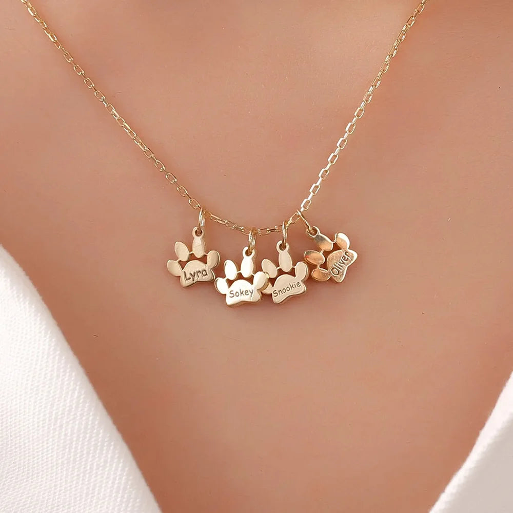 Collier Personnalisé Multi-Prénoms Animaux Pattes Gravé Acier Inoxydable - Cadeau